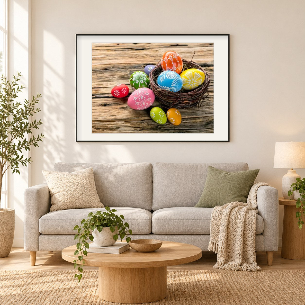 Bunte Ostereier als gerahmtes Diamond Painting im Wohnzimmer