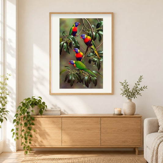 Bunte Papageien auf Ästen als gerahmtes Diamond Painting im Wohnzimmer