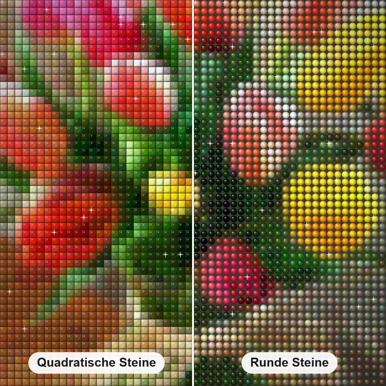 Bunte Tulpen Diamond Painting Nahaufnahme mit quadratischen und runden Steinen