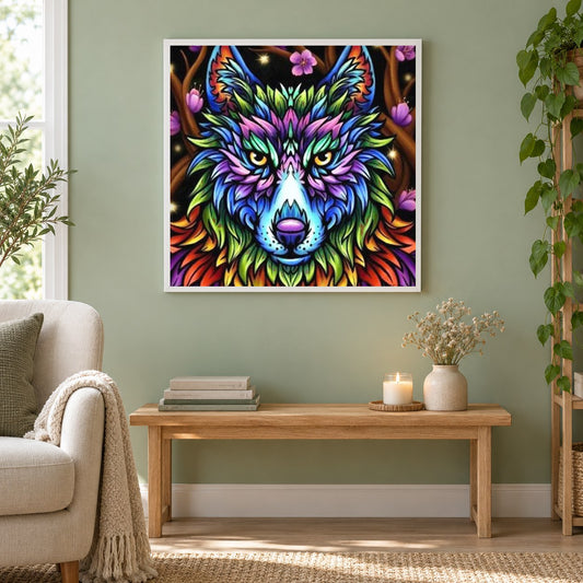 bunte Wolfsfarbe  malen mit diamant als gerahmtes Diamond Painting im Wohnzimmer