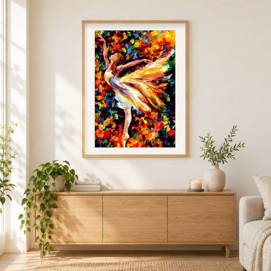 Bunte Ballerina nach Leonid Afremov als gerahmtes Diamond Painting im Wohnzimmer