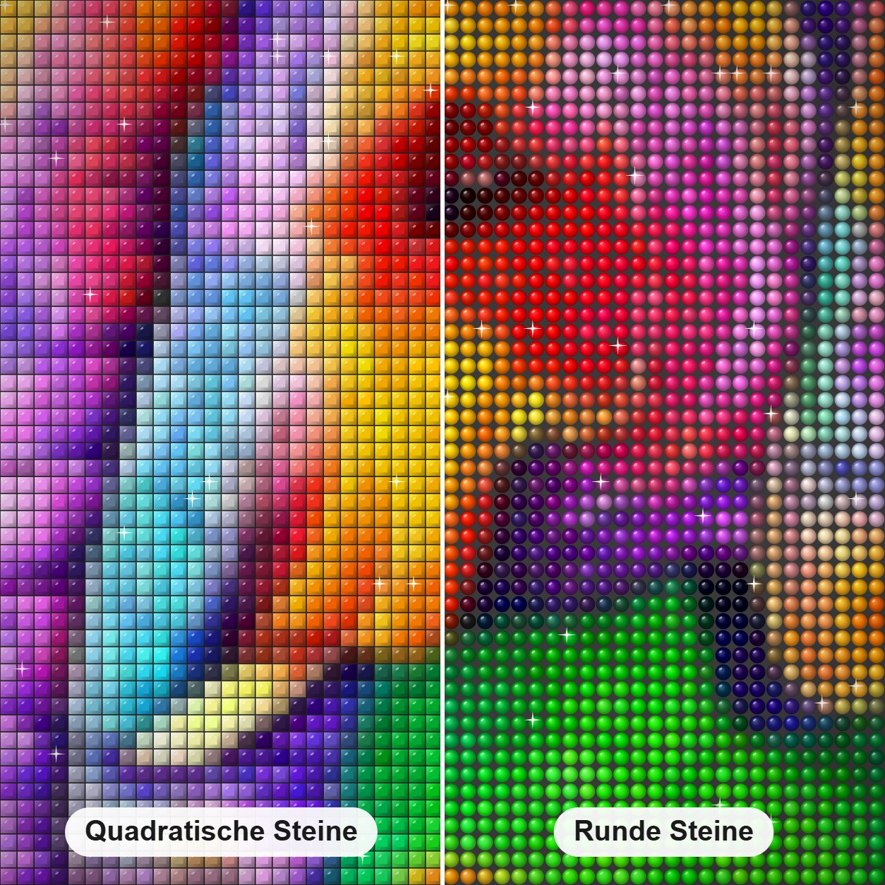 Buntes Elefantenpaar Diamond Painting Nahaufnahme mit quadratischen und runden Steinen