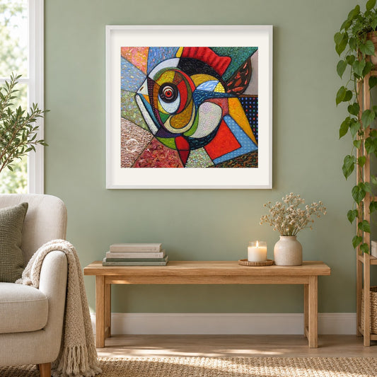 Buntes Fischkunst als gerahmtes Diamond Painting im Wohnzimmer