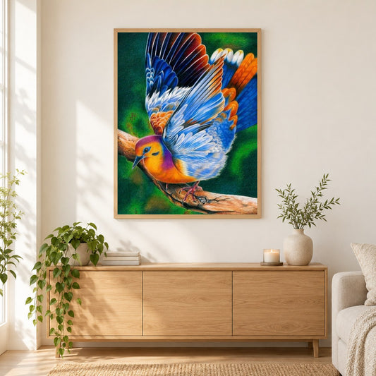 Buntes Taubenmalerei-Kit als gerahmtes Diamond Painting im Wohnzimmer