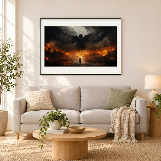Brennende Stadt, Mann und Adler als gerahmtes Diamond Painting im Wohnzimmer