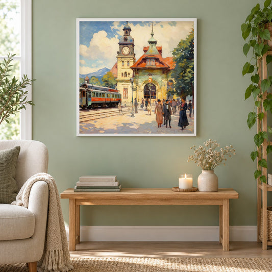 Geschäftiger Tag an der Clock Tower Station als gerahmtes Diamond Painting im Wohnzimmer