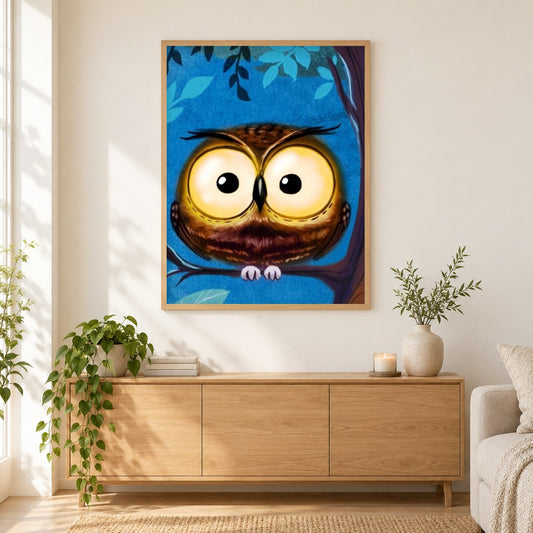 Cartoon Eule mit großen Augen als gerahmtes Diamond Painting im Wohnzimmer