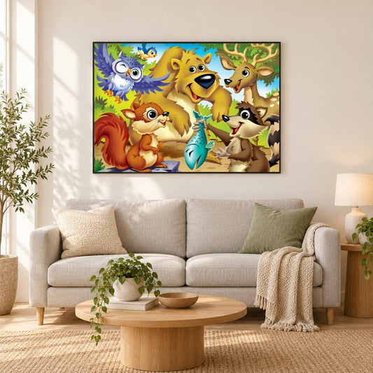 Cartoon Freunde als gerahmtes Diamond Painting im Wohnzimmer