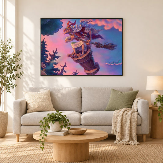 Cartoon Hexe als gerahmtes Diamond Painting im Wohnzimmer