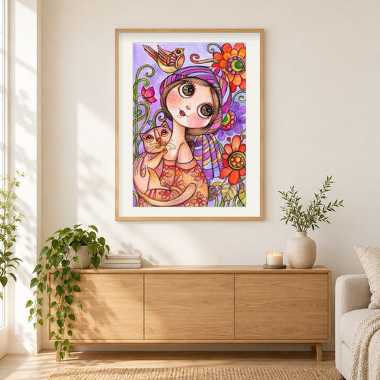 Cartoon-Mädchen mit großen Augen als gerahmtes Diamond Painting im Wohnzimmer