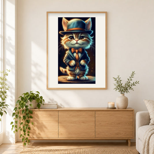 Die edle Kleidung einer Katze Diamond Art als gerahmtes Diamond Painting im Wohnzimmer