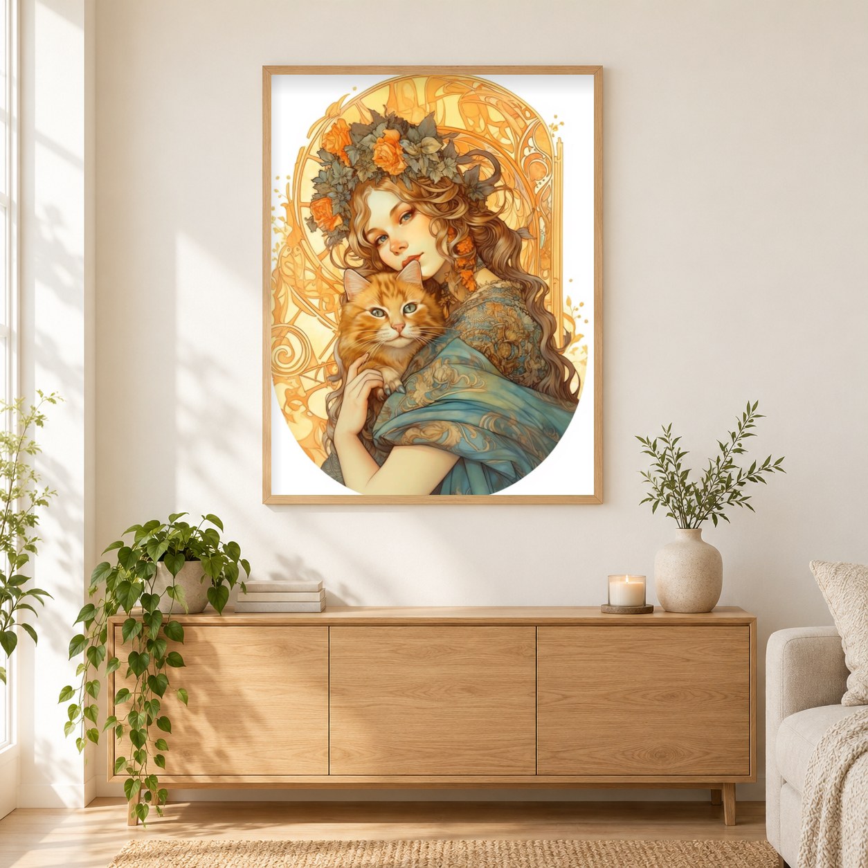 Katzen sollen geliebt werden als gerahmtes Diamond Painting im Wohnzimmer