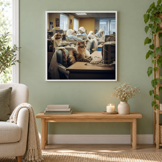 Katzen beim Heimwerken als gerahmtes Diamond Painting im Wohnzimmer