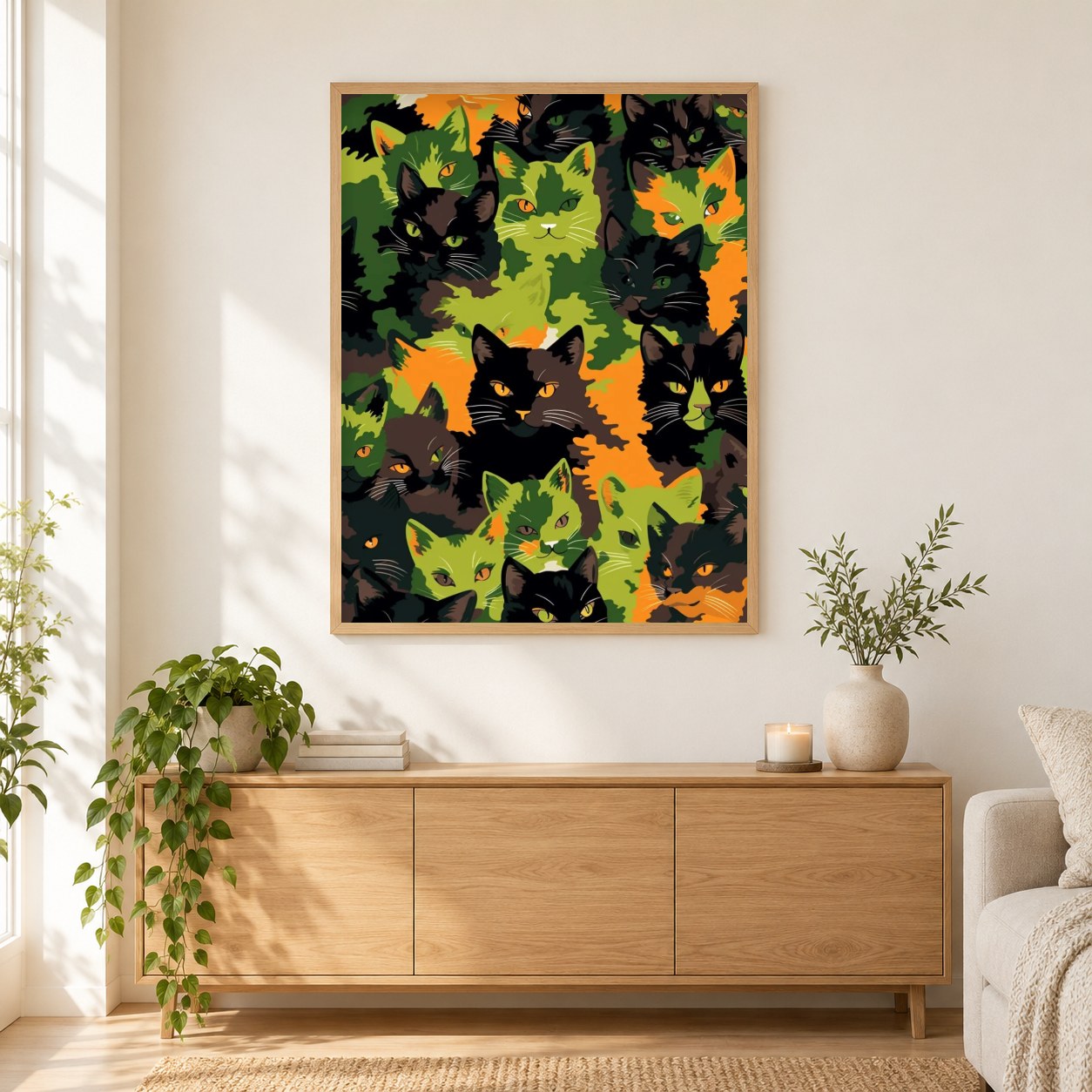 Katzen oder Blätter als gerahmtes Diamond Painting im Wohnzimmer