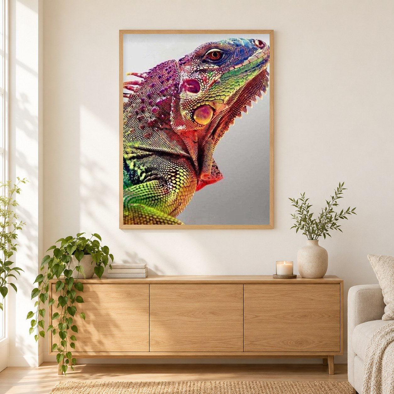 Chamäleon als gerahmtes Diamond Painting im Wohnzimmer