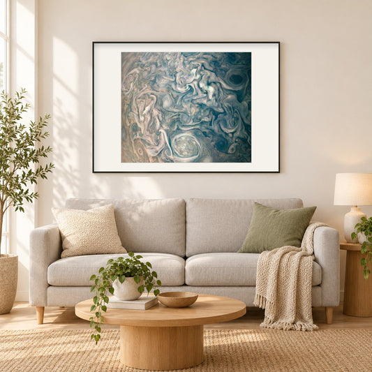 Chaotische Wolken des Jupiter als gerahmtes Diamond Painting im Wohnzimmer