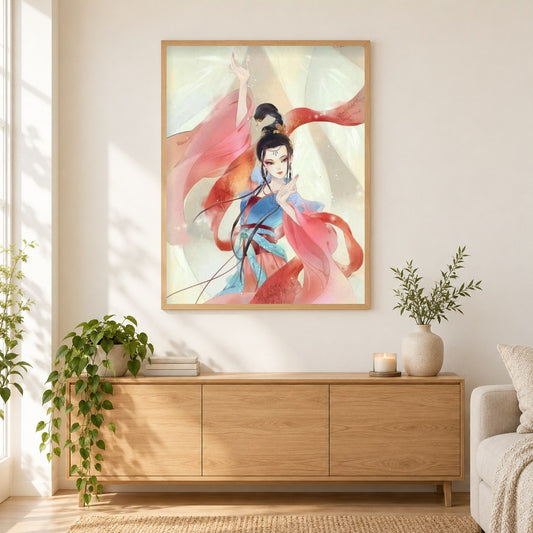 Chinesische Tanzkunst als gerahmtes Diamond Painting im Wohnzimmer
