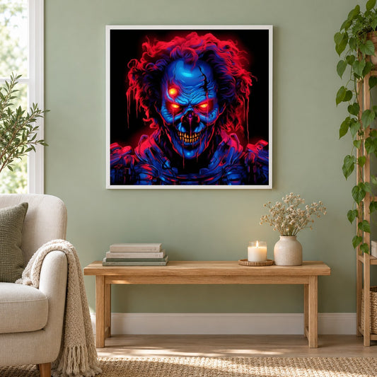 Clown-Neon-Stil-Kunst als gerahmtes Diamond Painting im Wohnzimmer