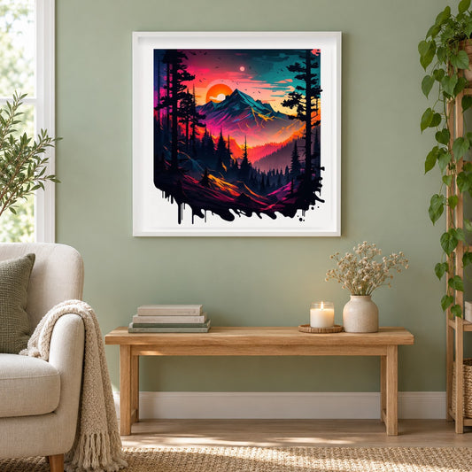 Bunte Landschaft mit Sonnenuntergang als gerahmtes Diamond Painting im Wohnzimmer