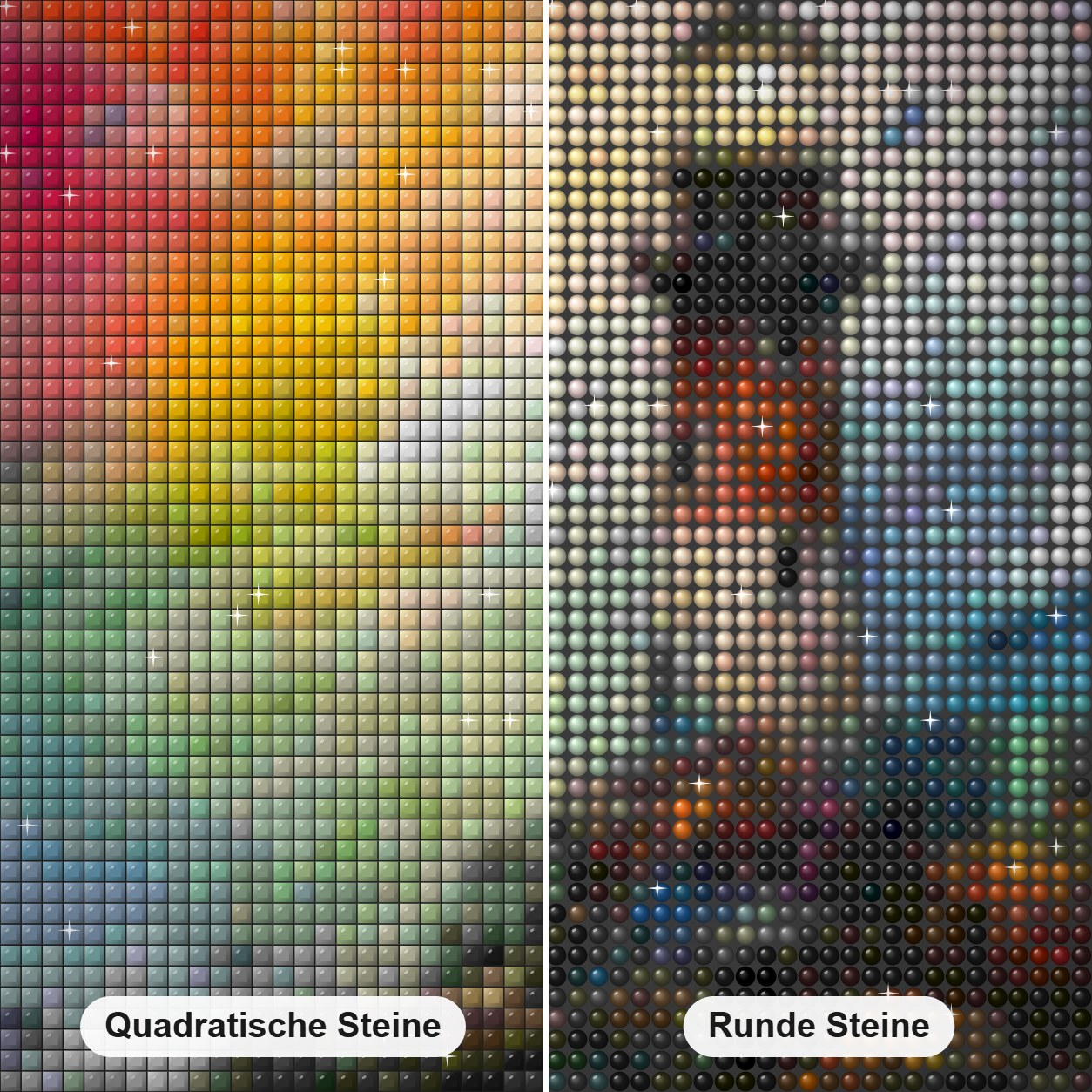 Buntes Leuchtturm Diamond Painting Nahaufnahme mit quadratischen und runden Steinen