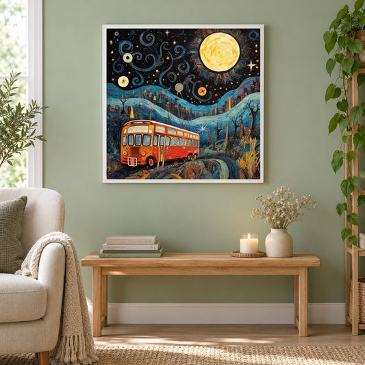 Bunte Sternennacht als gerahmtes Diamond Painting im Wohnzimmer