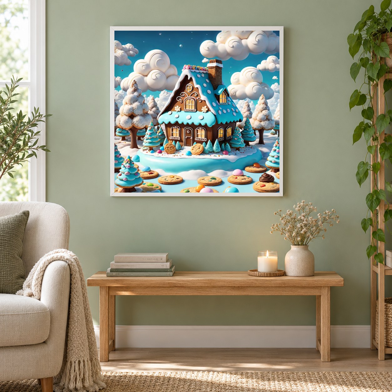 Kekskönigreich Leckere Stadt als gerahmtes Diamond Painting im Wohnzimmer