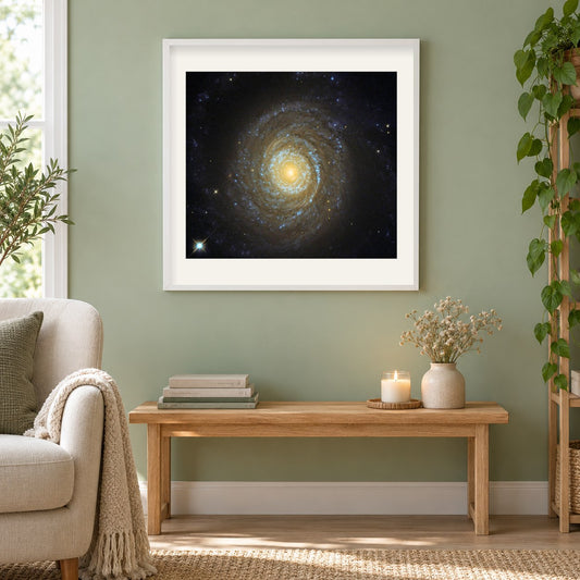 Coole Galaxie mit einer heißen Corona als gerahmtes Diamond Painting im Wohnzimmer