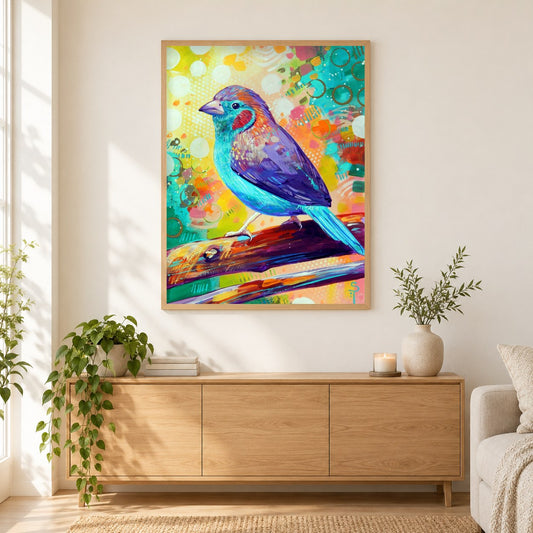 Cordon Bleu-Fink - Kunst des Sandra Trubin als gerahmtes Diamond Painting im Wohnzimmer