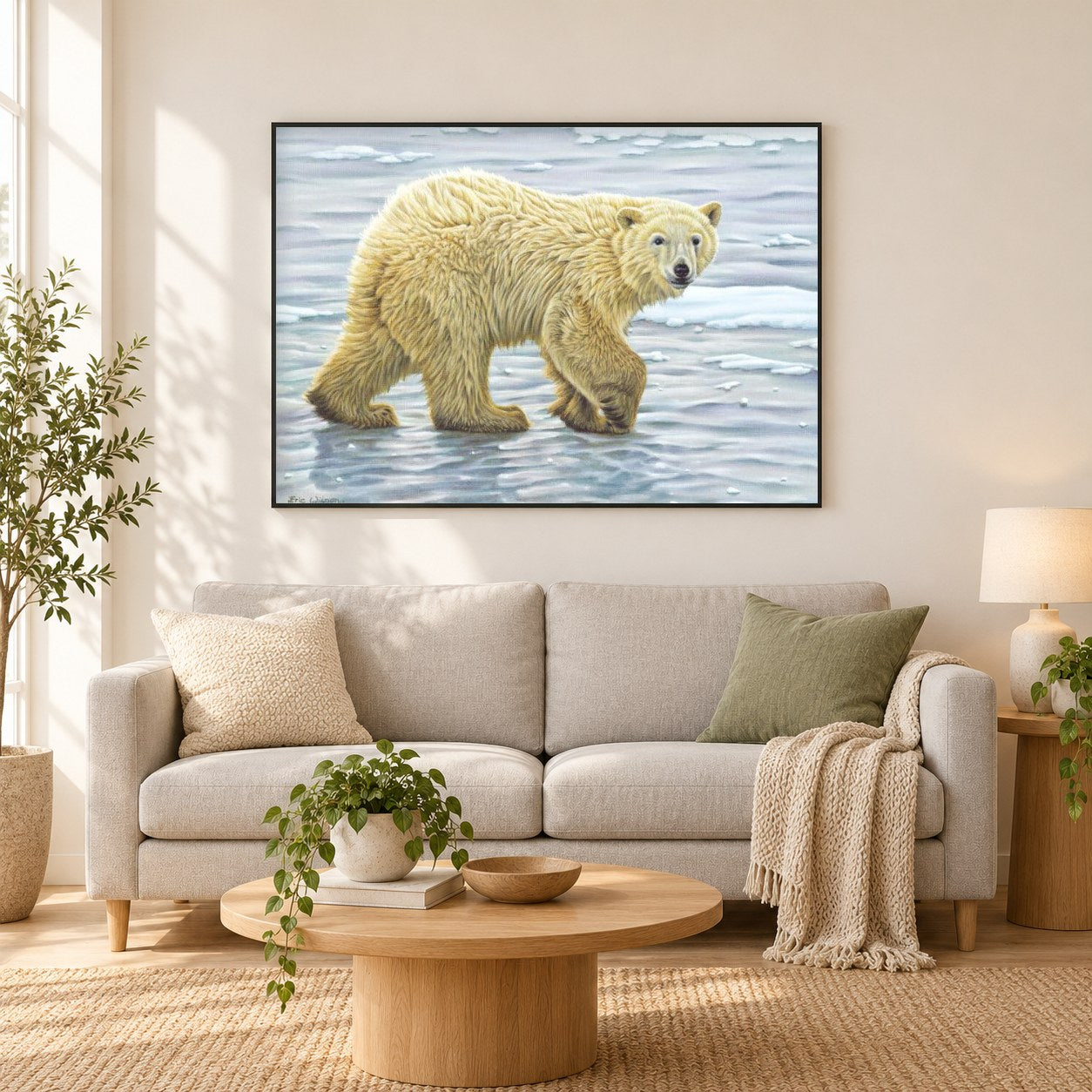 Neugieriges Eisbärjunges -  Kunst des Eric Wilson als gerahmtes Diamond Painting im Wohnzimmer