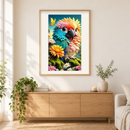 Süßer Papagei & Blumen in sanften Farben als gerahmtes Diamond Painting im Wohnzimmer
