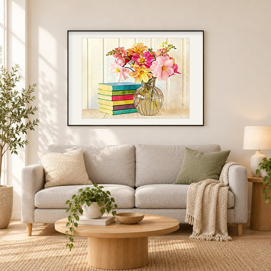 Dahlien und bunte Bücher - Kunst des Denise Dundon als gerahmtes Diamond Painting im Wohnzimmer