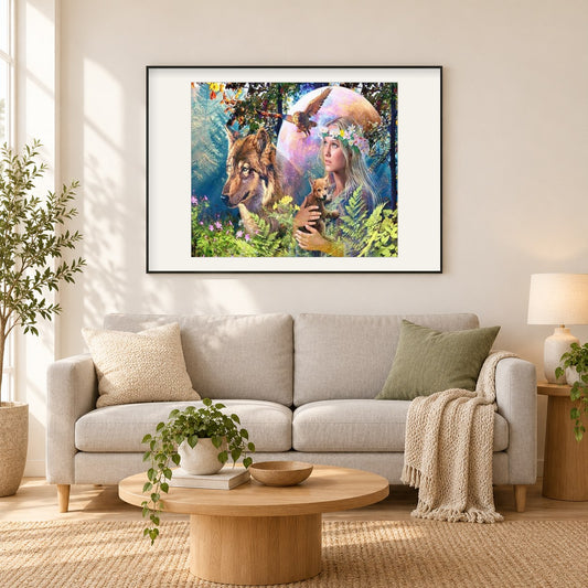 Dame des Waldes als gerahmtes Diamond Painting im Wohnzimmer