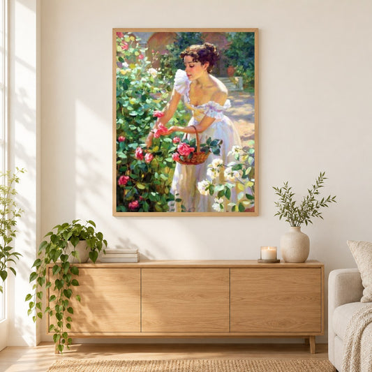 Dame, die Rosen pflückt - Vladislav Nagornov als gerahmtes Diamond Painting im Wohnzimmer