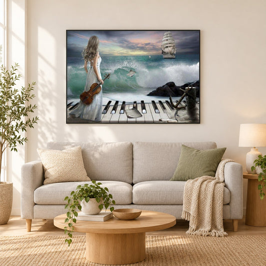 Dame mit Klavier & Violine am Strand als gerahmtes Diamond Painting im Wohnzimmer
