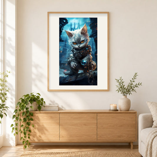 Elegantes Kätzchen in einer Weste als gerahmtes Diamond Painting im Wohnzimmer