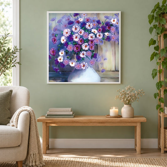 Dekorative Blumen als gerahmtes Diamond Painting im Wohnzimmer
