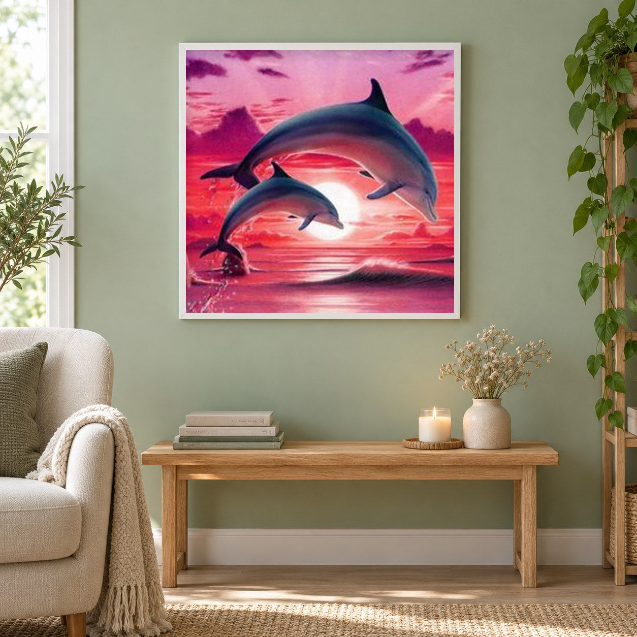 Delfin Paar als gerahmtes Diamond Painting im Wohnzimmer