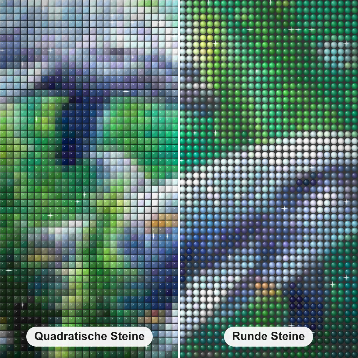 Delfine Diamond Painting Nahaufnahme mit quadratischen und runden Steinen