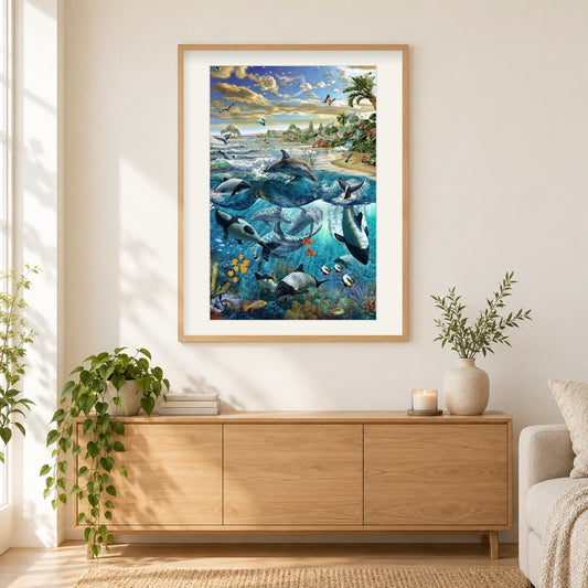 Delfine & Wale als gerahmtes Diamond Painting im Wohnzimmer