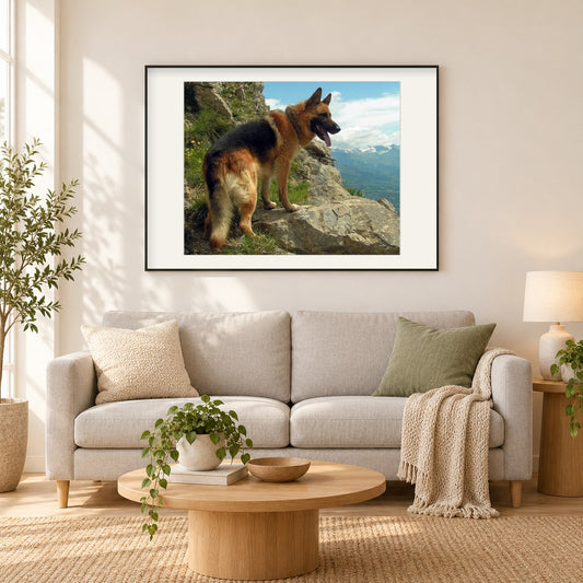 Deutscher Schäferhund in den Bergen als gerahmtes Diamond Painting im Wohnzimmer