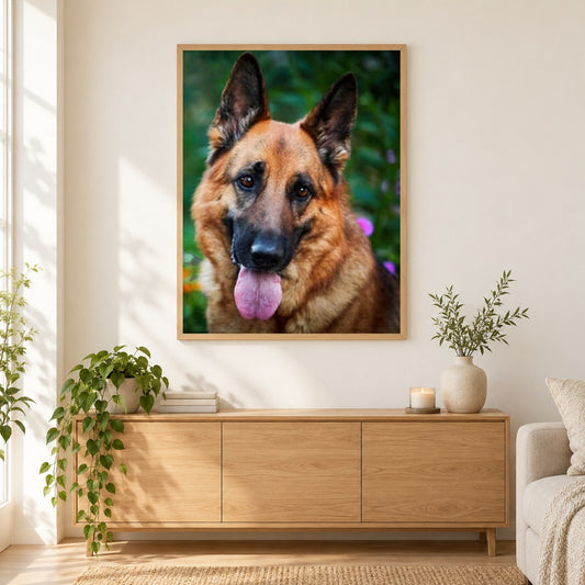 Deutscher Schäferhund als gerahmtes Diamond Painting im Wohnzimmer