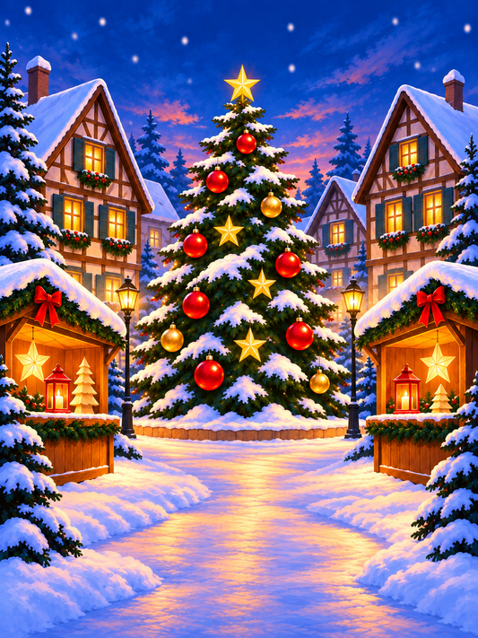 Diamond Painting Weihnachtsmarkt bei Nacht mit Weihnachtsbaum, Fachwerkhäusern und Marktständen im Schnee