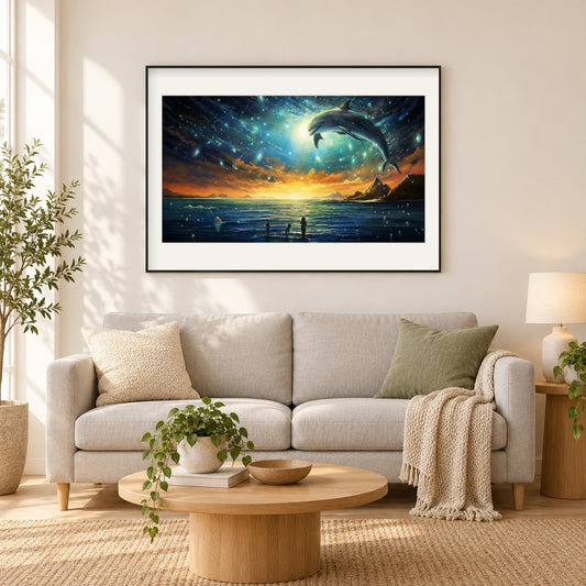 Delphinspringen in einer sternenklaren Nacht als gerahmtes Diamond Painting im Wohnzimmer