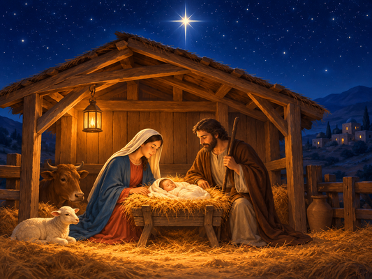 Diamond Painting Weihnachtskrippe mit Maria, Josef und Jesuskind im Stall unter dem Stern von Bethlehem