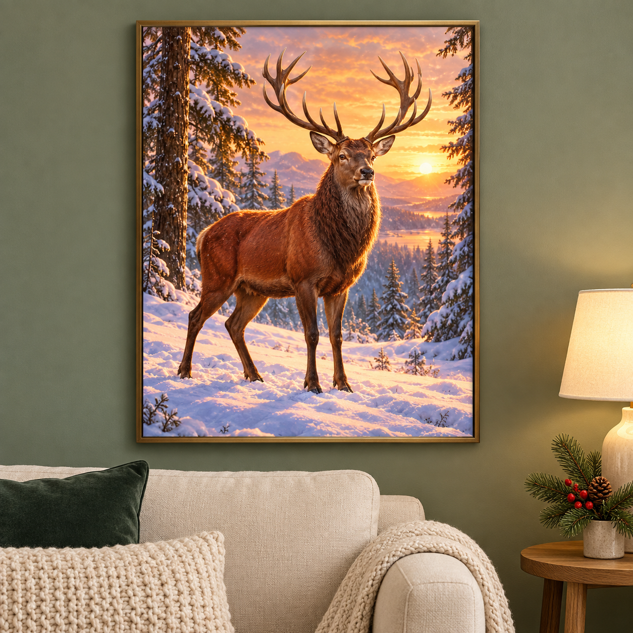 Diamond Painting Rothirsch im Sonnenuntergang gerahmt als Wandbild im weihnachtlichen Wohnzimmer