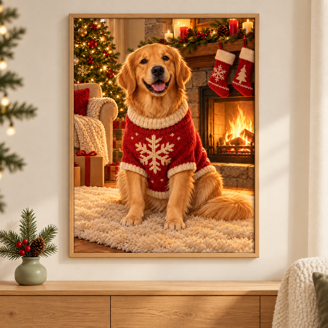 Diamond Painting Golden Retriever im Weihnachtspulli gerahmt als Wandbild im weihnachtlichen Wohnzimmer