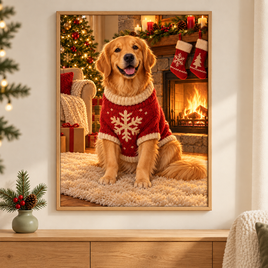 Diamond Painting Golden Retriever im Weihnachtspulli gerahmt als Wandbild im weihnachtlichen Wohnzimmer