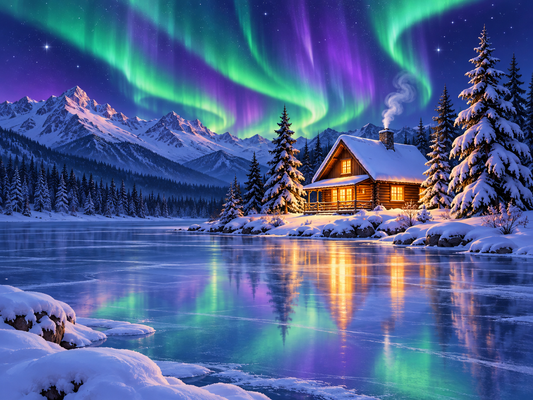 Diamond Painting Holzhütte am zugefrorenen See mit grünen und violetten Nordlichtern über den Bergen