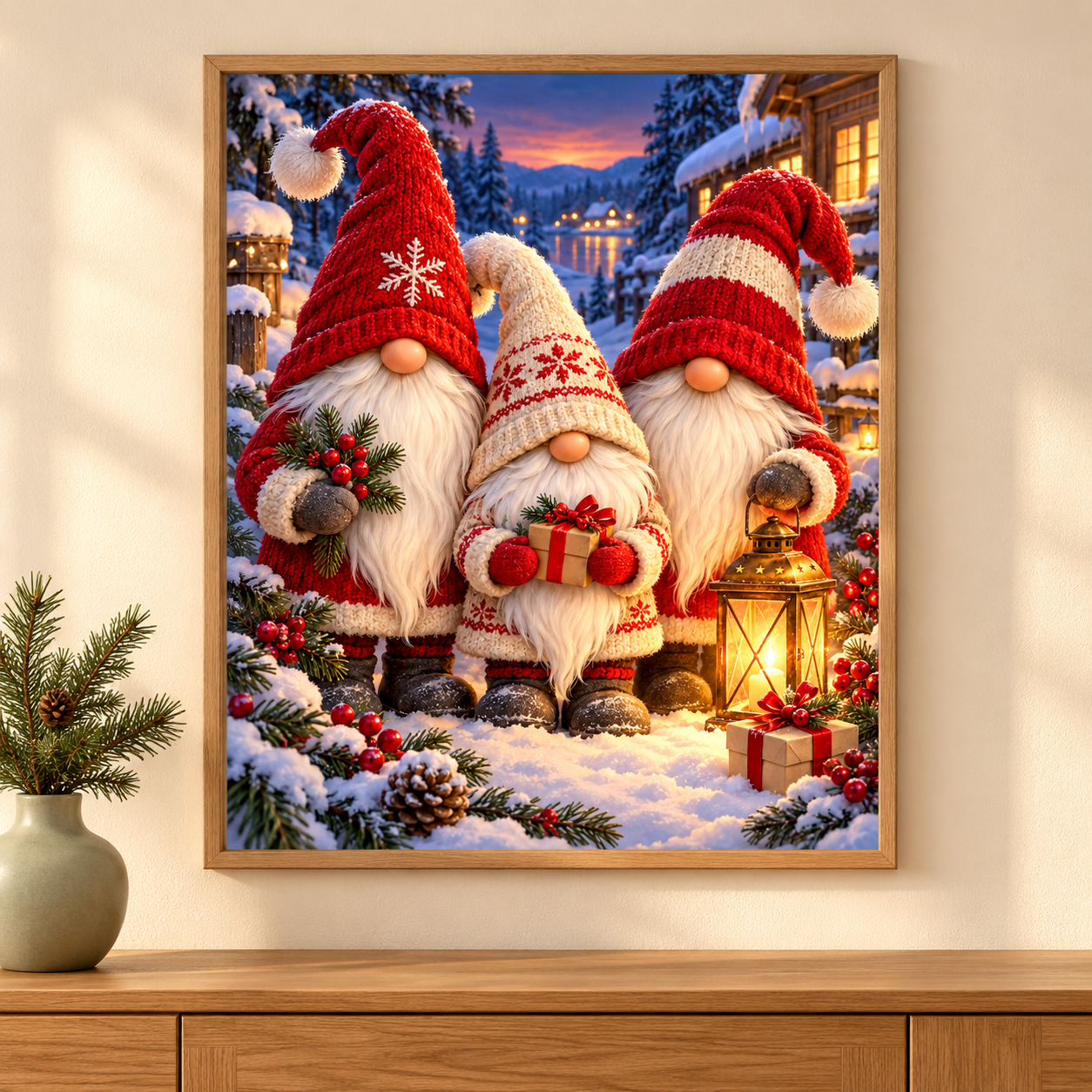 Diamond Painting Wichtel im Schnee gerahmt als Wandbild im weihnachtlichen Wohnzimmer