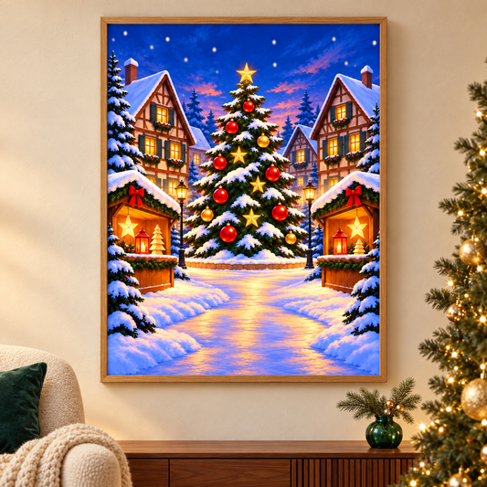 Diamond Painting Weihnachtsmarkt bei Nacht gerahmt als Wandbild im weihnachtlichen Wohnzimmer